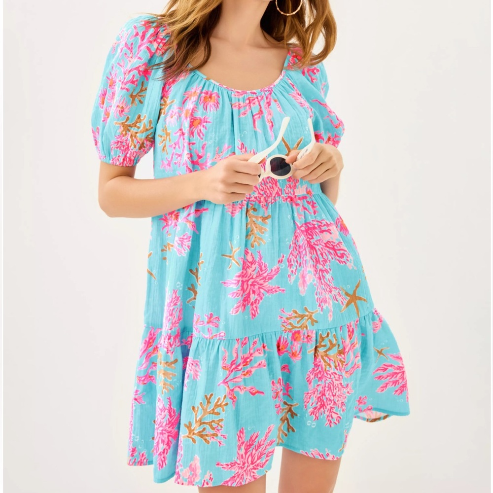 NWT Lilly Pulitzer Zemini Cover Up Aqua and Pink Floral Mini Dress